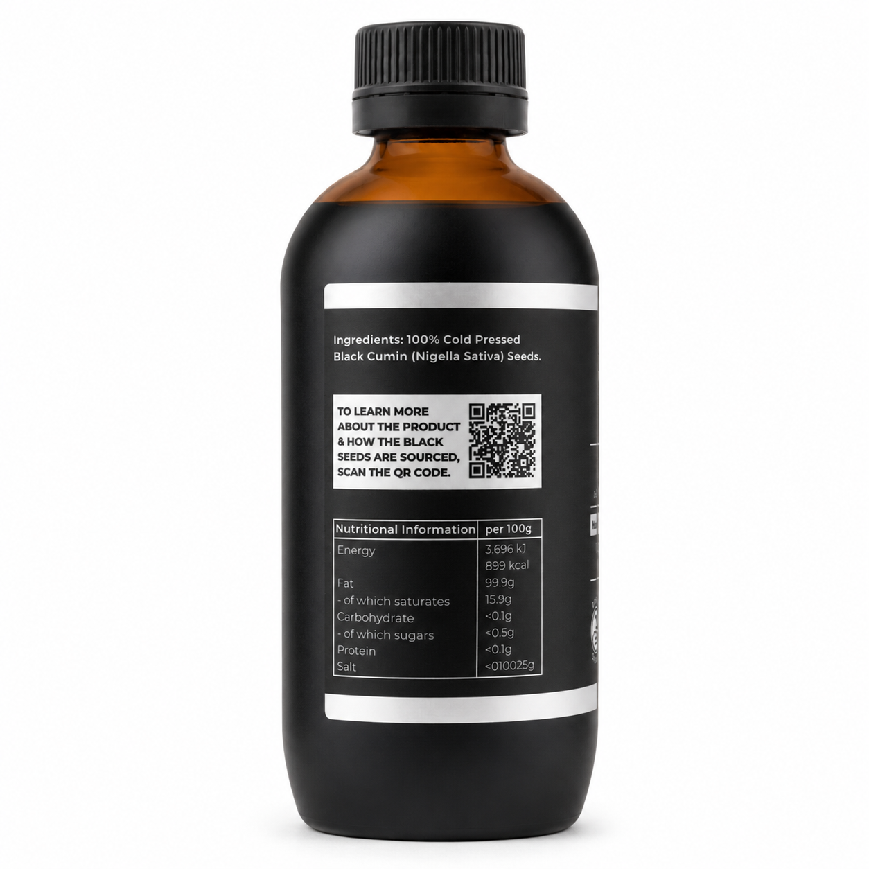 Immortal Health Black Seed Oil 200ml back label showing QR code, NIP and ingredients