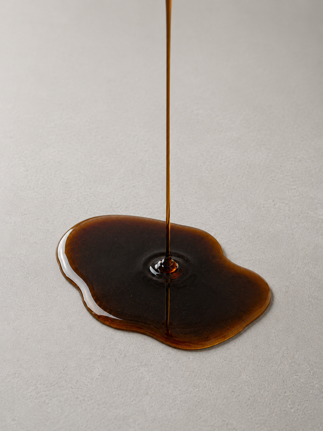 Dark brown syrup being poured onto a light grey surface, forming a glossy puddle.