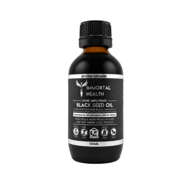 Dark glass bottle of Immortal Health Black Seed Oil, 100 ml, with black-and-white label and screw cap