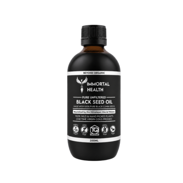 Dark brown bottle labeled Immortal Health Pure Unfiltered Black Seed Oil, 200ml with a black cap (Beyond Organic)