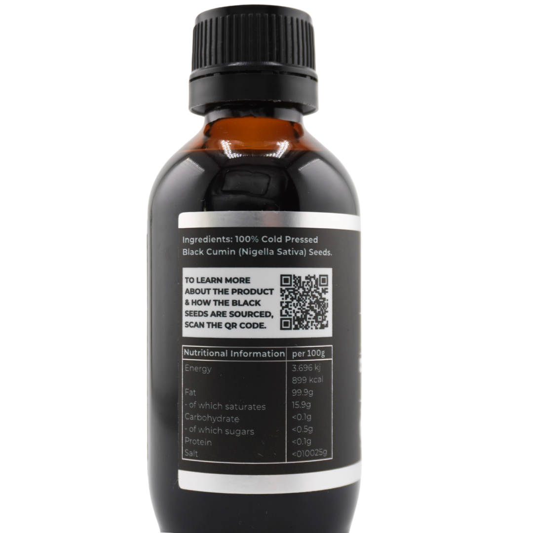 Immortal Health Black Seed Oil 100ml back label showing QR code, NIP and ingredients