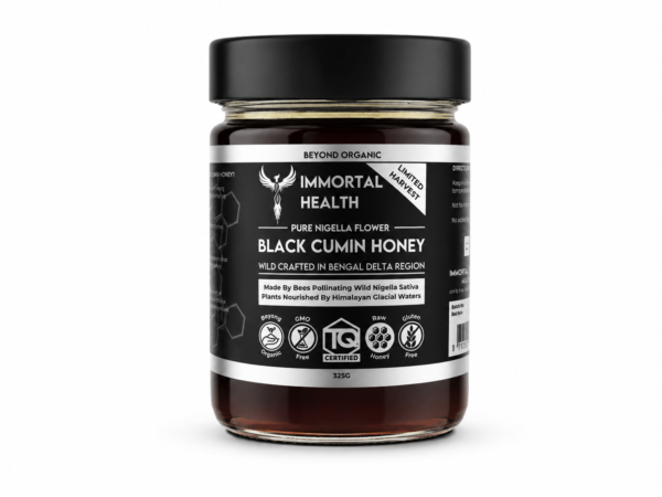 Jar of Immortal Health Black Cumin Honey with white label and black lid, 325g, wild crafted in Bengal Delta region.