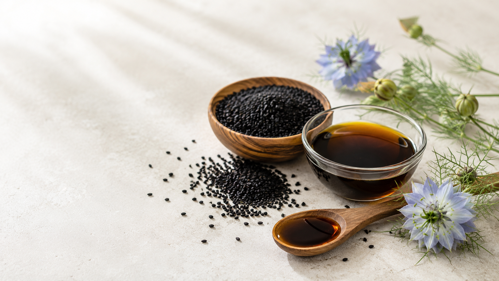 Black seed oil benefits featuring Nigella sativa seeds, black seed oil and flowers