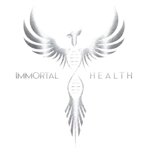 Immortal Health logo: silver phoenix with a DNA double-helix body and outstretched wings, the words 'IMMORTAL HEALTH'.