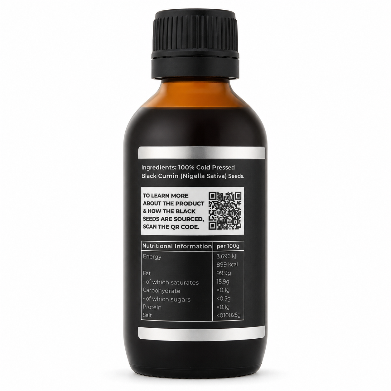 Black Seed Oil bottle, QR code side