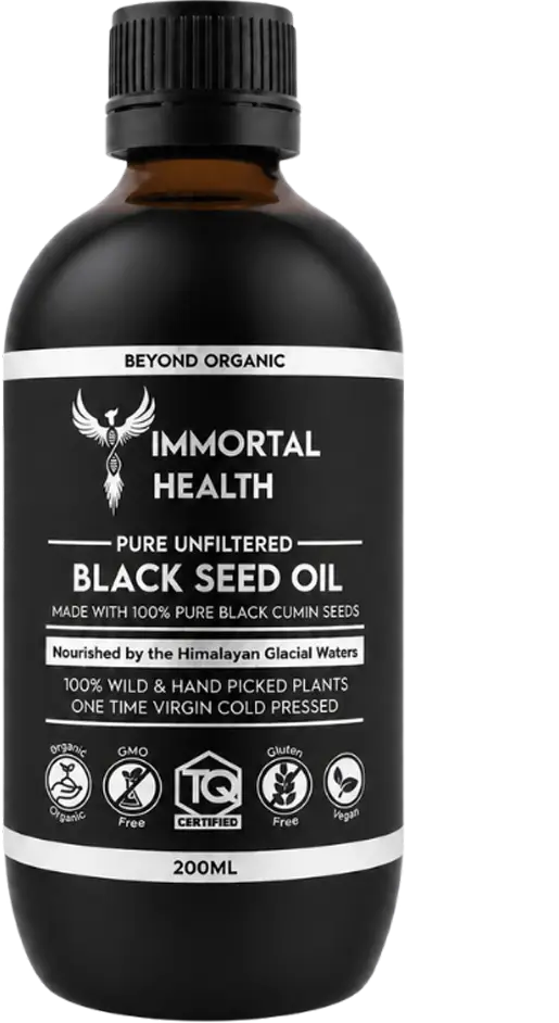 Dark brown bottle labeled Immortal Health Pure Unfiltered Black Seed Oil, 200ml with white text on black label.