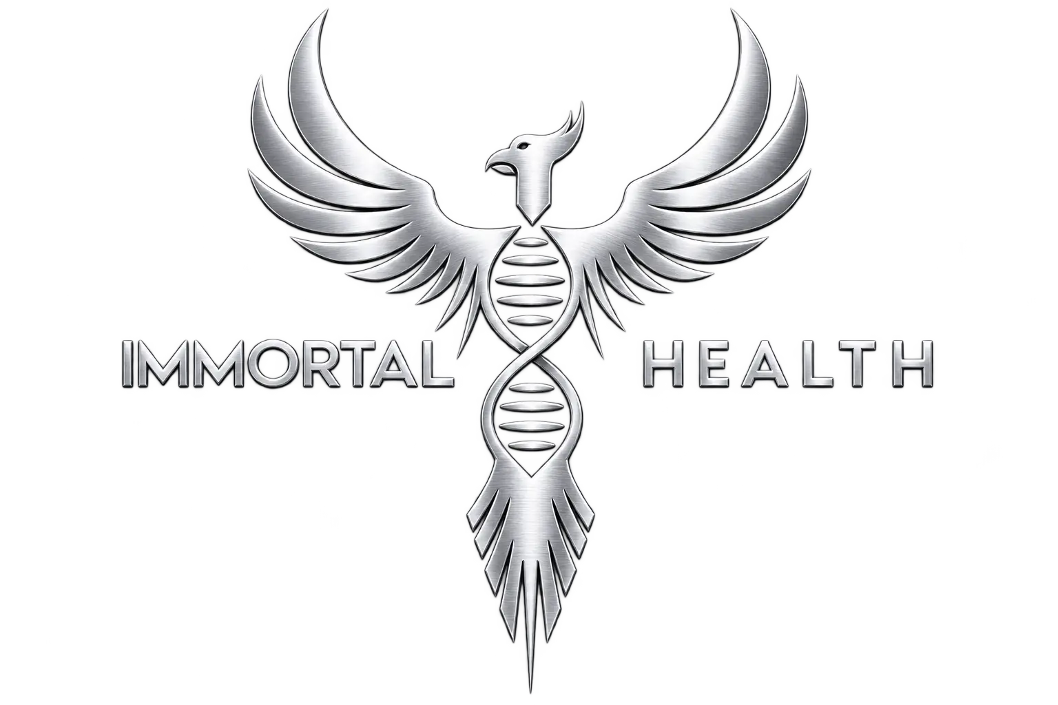 Silver metallic phoenix crest with a doubled-helix spine and the text IMMORTAL HEALTH.
